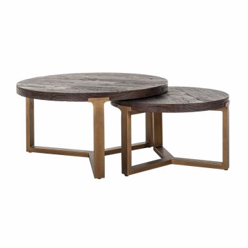 Set 2 masute de cafea Rotunda din Metal si Lemn de ulm Auriu antichizat/Negru D70/90xH35/40cm Cromford Mill Richmond Interiors