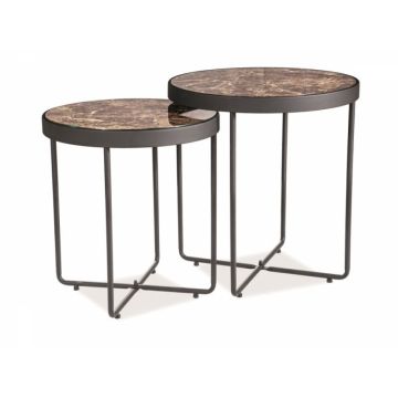 Set 2 masute de cafea rotunde din marmura artificiala si Metal Maro/Negru D45/40xH49/43cm Manta