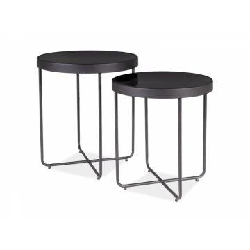 Set 2 masute de cafea rotunde din sticla securizata si Metal Gri/Negru D40/45xH44/50cm Atena