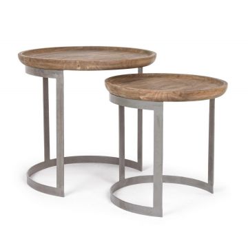 Set 2 mese de cafea din lemn de mango si metal Narvik Round Natural / Gri, Ø53xH51 cm / Ø43xH43 cm
