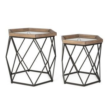 Set 2 mese de cafea din sticla, lemn de brad si metal Smith A Hexagonal Transparent / Natural / Negru, Ø64xH62 / Ø53xH46 cm