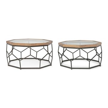 Set 2 mese de cafea din sticla, lemn de brad si metal Smith Hexagonal Transparent / Natural / Negru, Ø90xH45 / Ø77xH40 cm