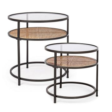 Set 2 mese de cafea din sticla si metal Elton Round Transparent / Natural / Negru, Ø58,5xH61 cm / Ø51xH49 cm