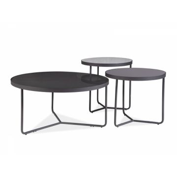 Set 3 masute de cafea rotunde din sticla securizata si Metal Gri/Negru D80/50/50xH40/45/50cm Artemis