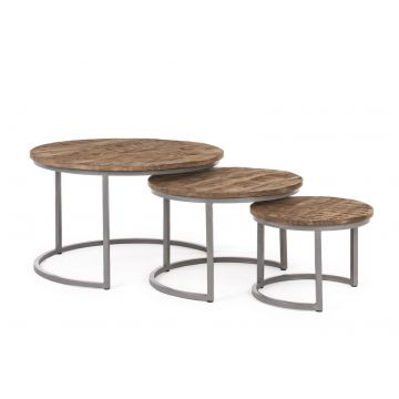 Set 3 mese de cafea din lemn de mango si metal Narvik Round Natural / Gri, Ø78xH47 cm / Ø58xH40 cm / Ø43xH33 cm