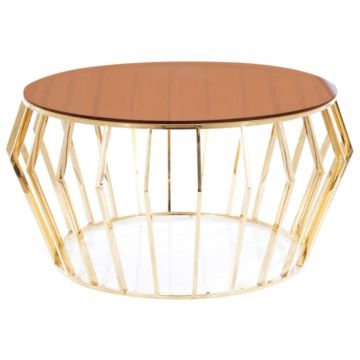 Masuta de cafea Rotunda din Sticla securizata si Otel inoxidabil Portocaliu/Auriu D80xH45cm Ariana
