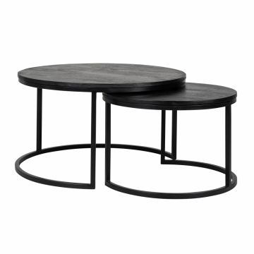 Set 2 masute de cafea Rotunda din Metal si Lemn masiv de mango Negru D60/80xH40/45cm Catana