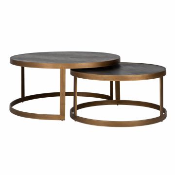 Set 2 masute de cafea Rotunda din Otel inoxidabil si Lemn de stejar Auriu antichizat/Negru D92/74xH37/42cm Blackbone