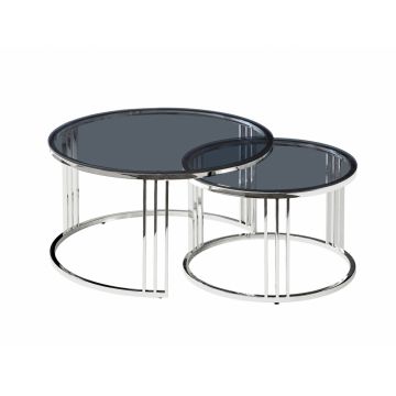 Set 2 masute de cafea Rotunde din Otel inoxidabil Argintiu/Negru Vienna D60/80xH40/45cm