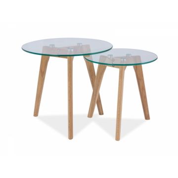 Set 2 masute de cafea Rotunde din Sticla securizata si Lemn Transparenta/Maro D40xH40/45cm Oslo