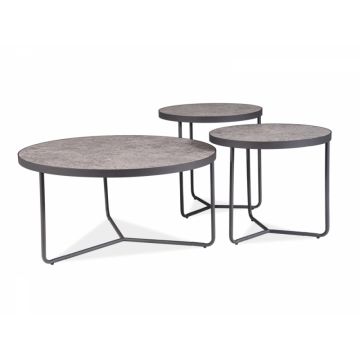 Set 3 masute de cafea Rotunde din MDF si Metal Gri/Negru D80xH50cm Demeter