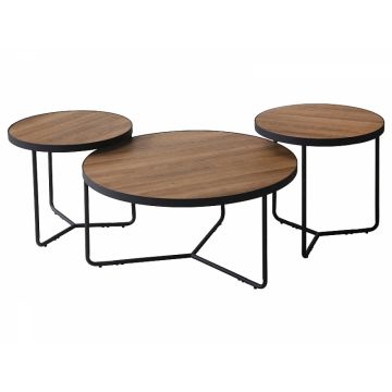 Set 3 masute de cafea Rotunde din MDF si Metal Maro/Negru D80xH50cm Demeter II