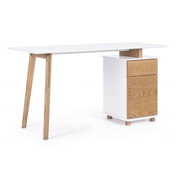 Masa de birou din MDF si lemn, cu 1 sertar si 1 usa Montreal Alb / Natural, L140xl60xH76 cm