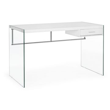 Masa de birou din MDF, sticla si metal, cu 1 sertar Suami Alb, L122xl60xH76 cm