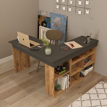 Masa de birou din pal, cu biblioteca, Tywin CT5-AA Antracit / Natural, L120xl120xH72 cm
