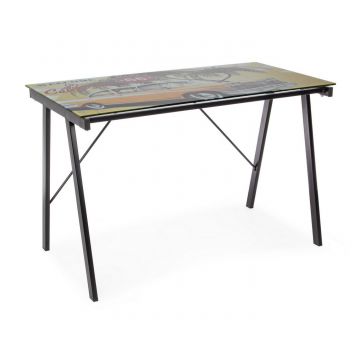 Masa de birou din sticla si metal, pentru copii California Multicolor / Negru, L113xl58xH73 cm