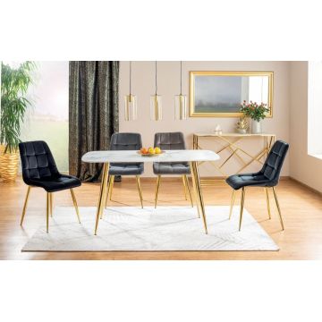 Masa Dreptunghiulara cu blat din Sticla securizata Alb si structura din Metal Auriu de 6 persoane L140x80cm Ceres