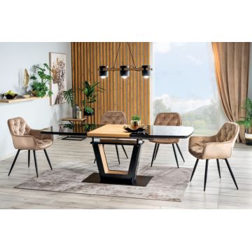 Masa extensibila Dreptunghiulara cu blat din Sticla securizata Negru/Maro si structura din Metal Negru/Maro de 10 persoane L160-220x90cm Sydney