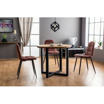 Masa Rotunda cu blat din Lemn masiv de stejar Maro si structura din Metal Negru de 4 persoane D90cm Rolf