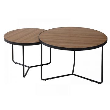 Set 2 masute de cafea rotunde din lemn masiv si Metal Maro/Negru D80xH50cm Italia II