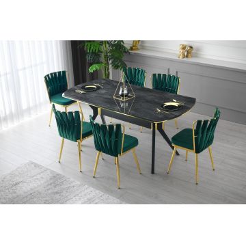 Set masa din MDF si plastic Ikon 1001 Negru / Auriu + 6 Scaune tapitate cu stofa si picioare metalice, Kusa 141 Velvet Verde / Auriu, L180xl90xH77 cm