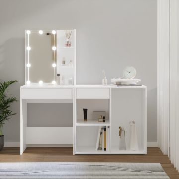 vidaXL Măsuță de toaletă cu LED și dulap, alb, lemn prelucrat