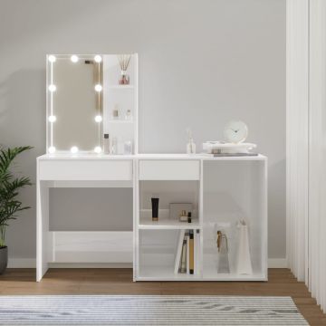 vidaXL Măsuță de toaletă cu LED și dulap, alb lucios, lemn prelucrat
