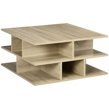 HOMCOM Mese de cafea patrata pentru camera de zi, masa de cocktail moderna cu rafturi multiple de depozitare, 70 x 70 x 36,5 cm, naturala | AOSOM RO