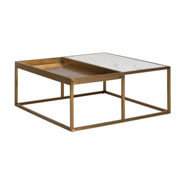 Masuta de cafea Patrata din Marmura artificiala si Otel inoxidabil Alb/Auriu L92xH39cm Duran