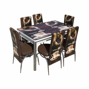 Set Lara, masa extensibila cu 6 scaune print, maro cafea, 130 165x80x79 cm