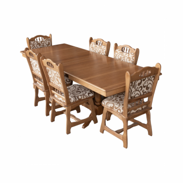 Set masa extensibila EUROPA dreptunghiulara cu 6 scaune FLANDER stofa print 05, lemn masiv, stejar, 160 240x90x70 cm