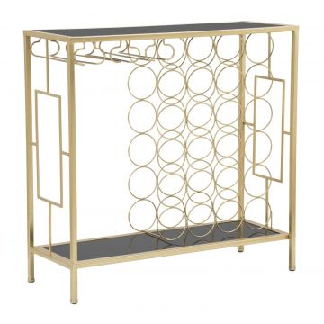 Consola din sticla, metal si MDF, cu suport sticle si pahare, Bottiglie Negru / Auriu, l76xA30xH75 cm