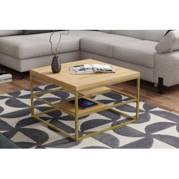 Masa de cafea din lemn de stejar, cu picioare metalice, Coryse Stejar / Auriu, L70xl70xH45 cm