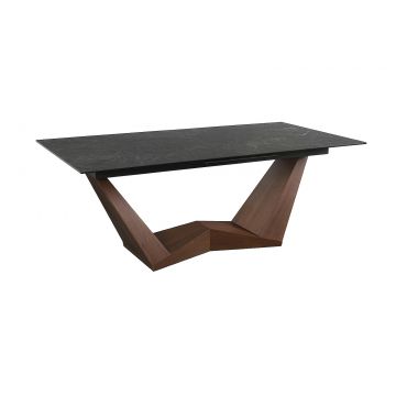 Masa extensibila din MDF, sticla, ceramica si furnir Noccibu Negru / Nuc, L200-250xl98xH76 cm