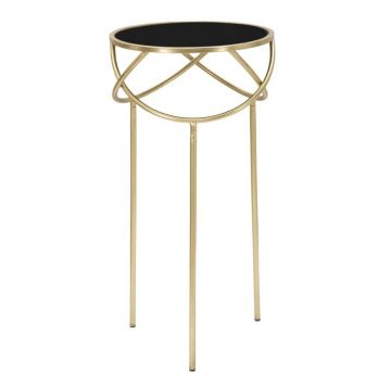 Masuta suport telefon din sticla, metal si MDF, Ring Round Negru / Auriu, Ø40xH80 cm