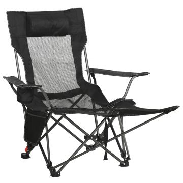 Scaun pentru camping Outsunny, spatar inclinabil si suport picioare, negru 58x148x90cm | Aosom RO