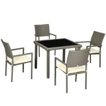 Outsunny Set Mobilier pentru Patio din Ratan PE, 5 Piese, Masă cu Blat de Sticlă și 4 Scaune cu Perne Moi, Gri | Aosom Romania