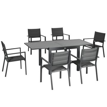 Outsunny Set de gradina din aluminiu, 7 bucati cu masa rectangulara extensibila si 6 scaune de exterior cu sezut din material tip plasa, gri | AOSOM RO