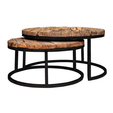 Set 2 masute de cafea rotunde din Lemn reciclat si Metal Maro/Negru D91.5/76xH37/46cm Richmond Industrial Kensington