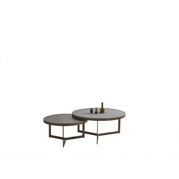 Set 2 mese de cafea din pal, MDF si metal, Mercedes Negru / Bronz, Ø90xH42 / Ø80xH37 cm