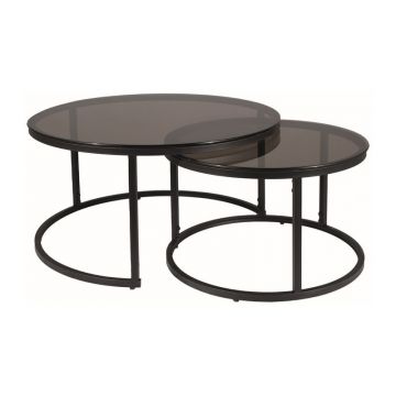 Set 2 mese de cafea din sticla si metal, Ferantes E Gri Inchis / Negru Mat, Ø80xH42 cm / Ø60xH38 cm