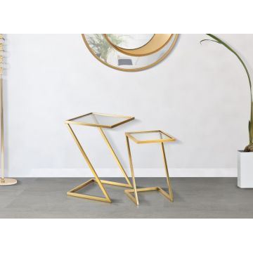 Set 2 mese de cafea din sticla si metal, Glam Z Auriu, L40xl40xH60 cm / L30xl30xH50 cm