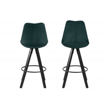 Set 2 scaune de bar tapitate cu stofa si picioare din lemn Dima Velvet Verde Inchis / Negru, l48,5xA55xH111,5 cm