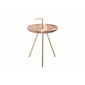Masuta de colt rotunda din lemn masiv de salcam si Metal Maro/Auriu D36xH44cm SimplyClever