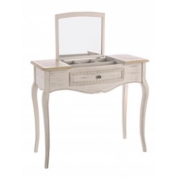Masa de toaleta din lemn de Paulownia si MDF, cu oglinda si spatiu de depozitare Clarisse Ivoir, L90xl40xH80 cm