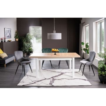 Masa extensibila cu blat din PAL nuanta stejar artizanal si picioare din PAL Alb L140-218cm Presto