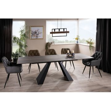 Masa extensibila cu blat din Sticla securizata cu efect de de lemn si picioare din Metal Negru L160x240cm Salvadore
