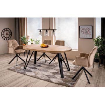 Masa rotunda extensibila cu blat din PAL nuanta stejar artizanal cu picioare din Metal Negru L100-168cm Galaxy