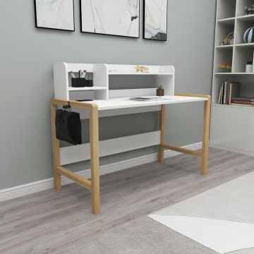 Birou Maynes cu Biblioteca, Picioare Lemn, Stejar - Alb, 128 x 103 x 60 cm