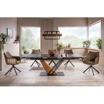 Masa extensibila cu blat din Ceramica cu efect de marmura Negru cu baza din Metal Negru si MDF furniruit L180-240cm Genesis